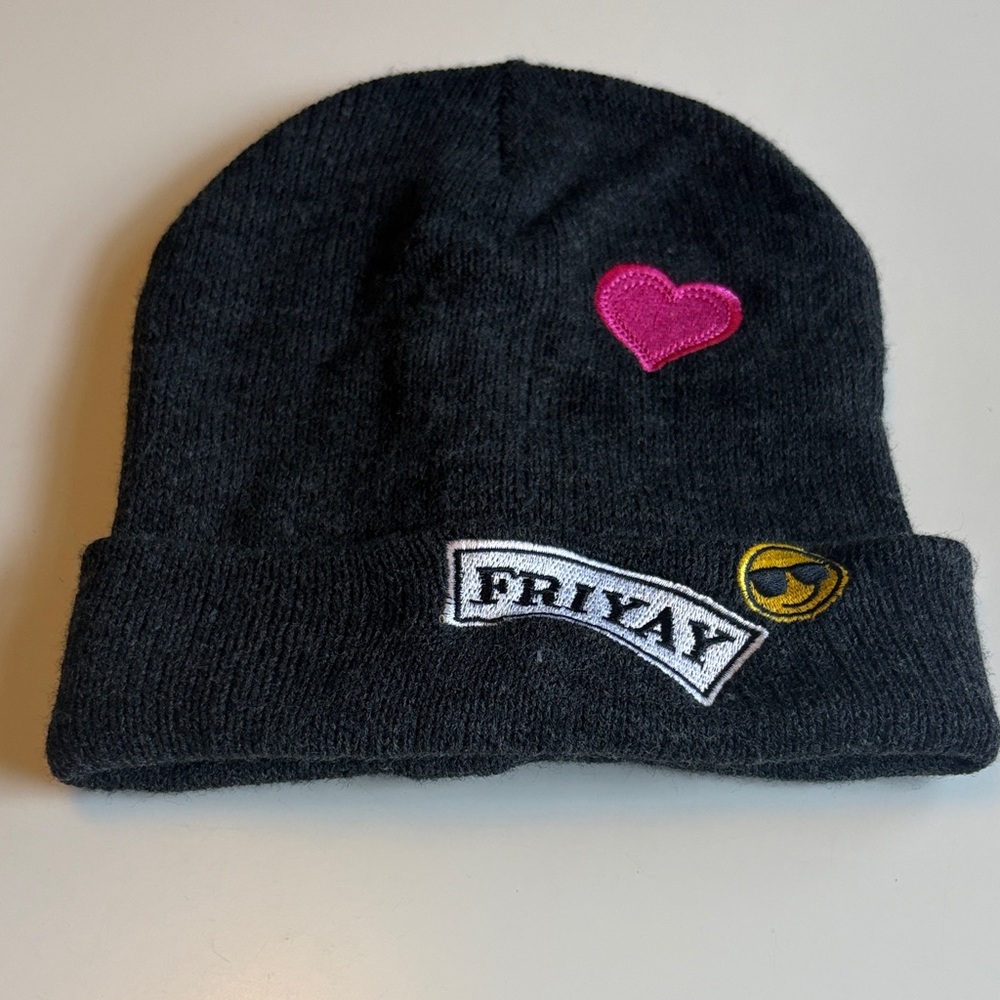 Teen/kid Black Beanie with Pink Heart and Fri-Yay Patch
